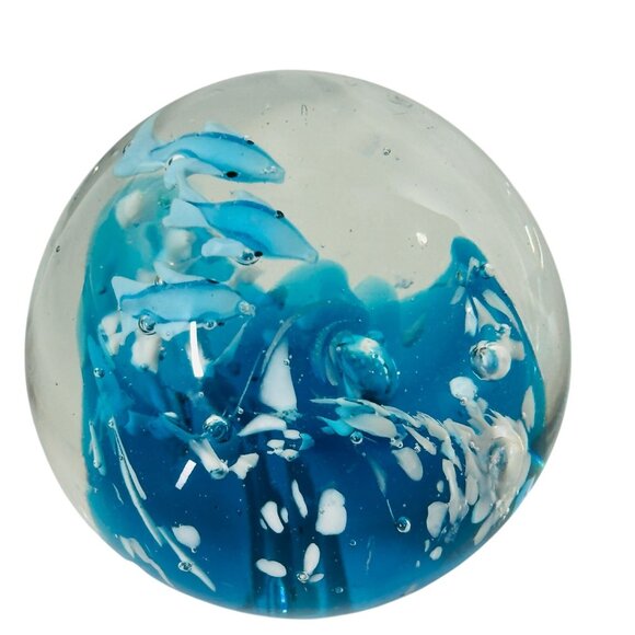 Art Glass Clear Round Paperweight with Controlled Bubbles Waves 3 Blue Dolphins - Picture 2 of 16